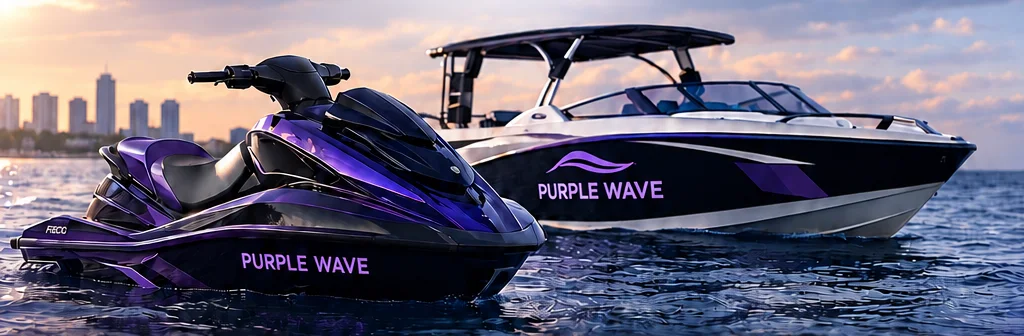 Purple Wave jet ski and jet boat on the water at sunset